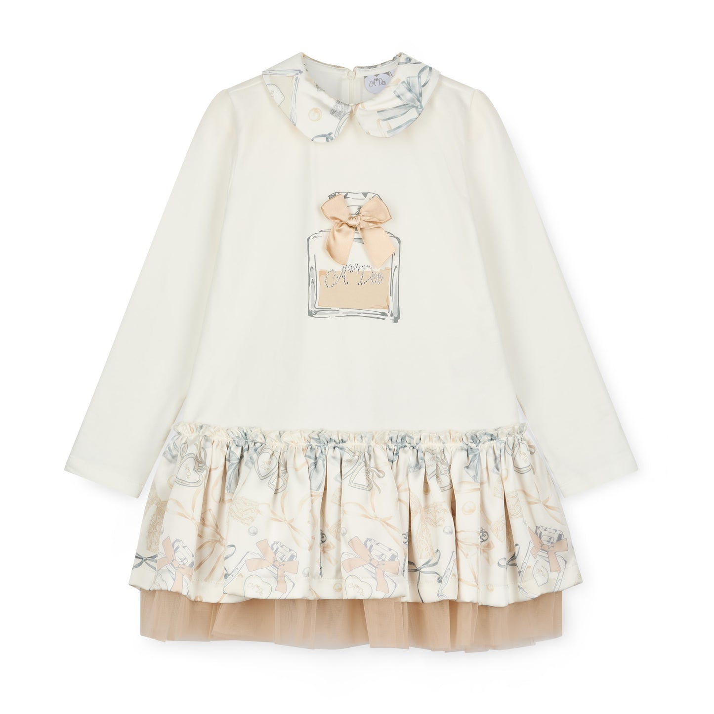 A'Dee - Bow print and tule skirt dress, Beige