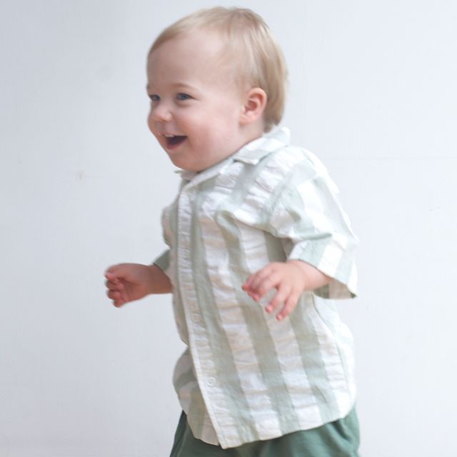 Pigeon Organics - Seersucker Wide Stripe Shirt, Sea Foam