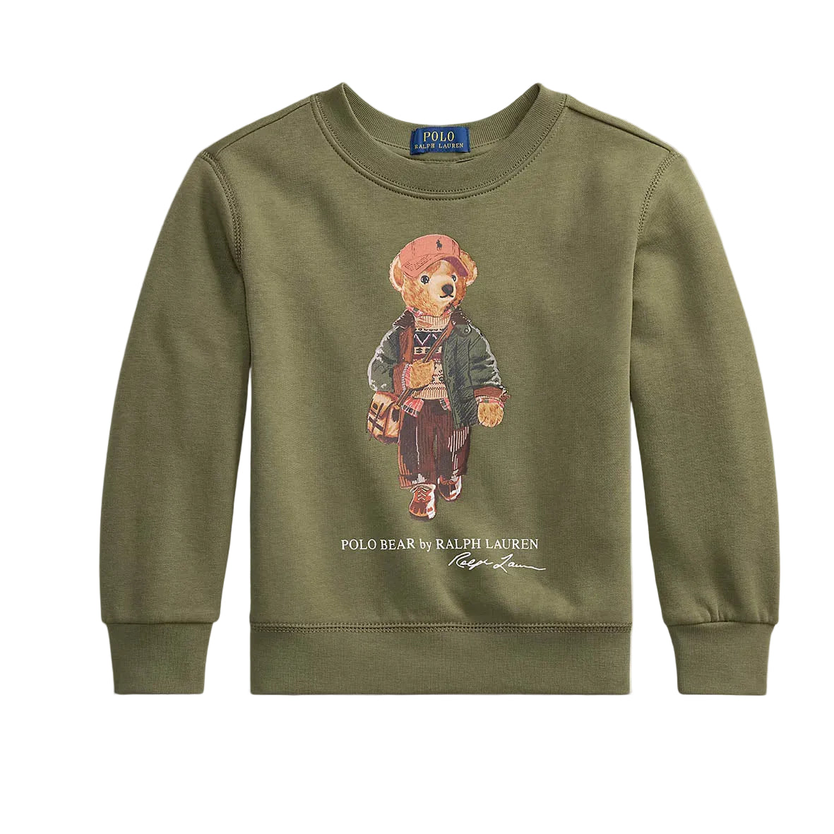 An olive green long-sleeve crewneck sweatshirt featuring a graphic of the Polo Bear character on the chest, with 'POLO BEAR by RALPH LAUREN' printed below.