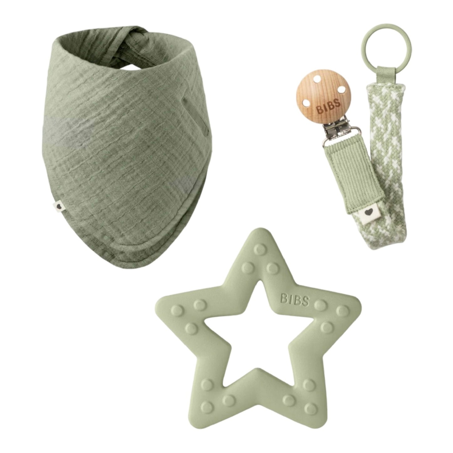 Bibs, Baby Gift Sets, Bibs - baby gift set, bandanna, pacifier clip and star teether, sage