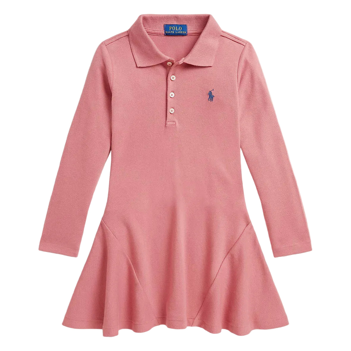 A pink long-sleeve polo dress for girls by Ralph Lauren, featuring a three-button placket and the signature embroidered polo player logo on the left chest,