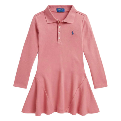 A pink long-sleeve polo dress for girls by Ralph Lauren, featuring a three-button placket and the signature embroidered polo player logo on the left chest,