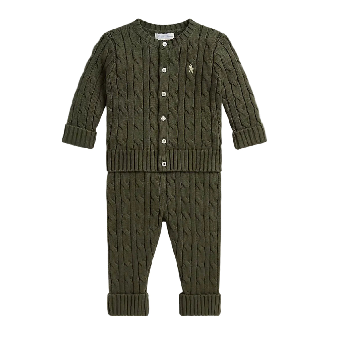 An olive green cable-knit baby cardigan and matching pants set by Ralph Lauren, featuring a button-up front and ribbed cuffs.