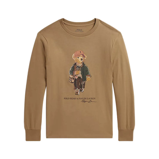 A tan long-sleeve crewneck sweatshirt featuring a central graphic of the classic Polo Bear character, with 'POLO BEAR by RALPH LAENEN' printed below the illustration.