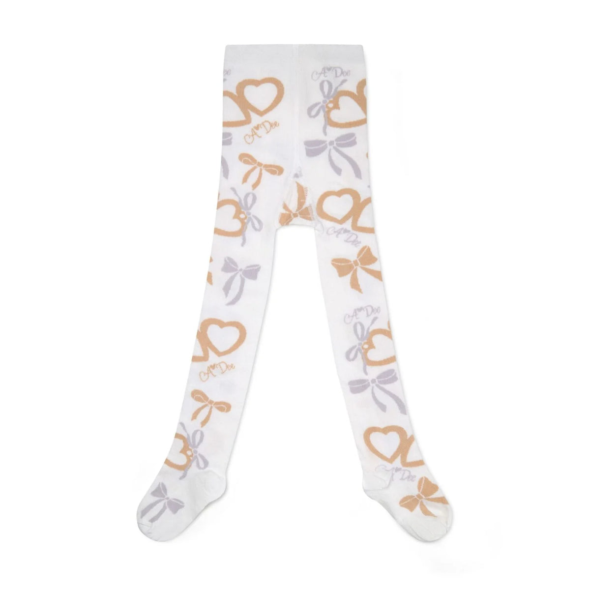 Cream tights with grey and gold bows all over pattern.