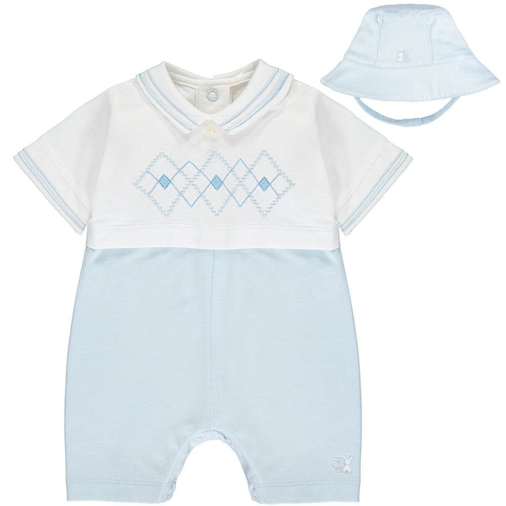 Emile et Rose, Romper, Emile et Rose - Baby boy pale blue  and white romper with hat, 7299 Wilson