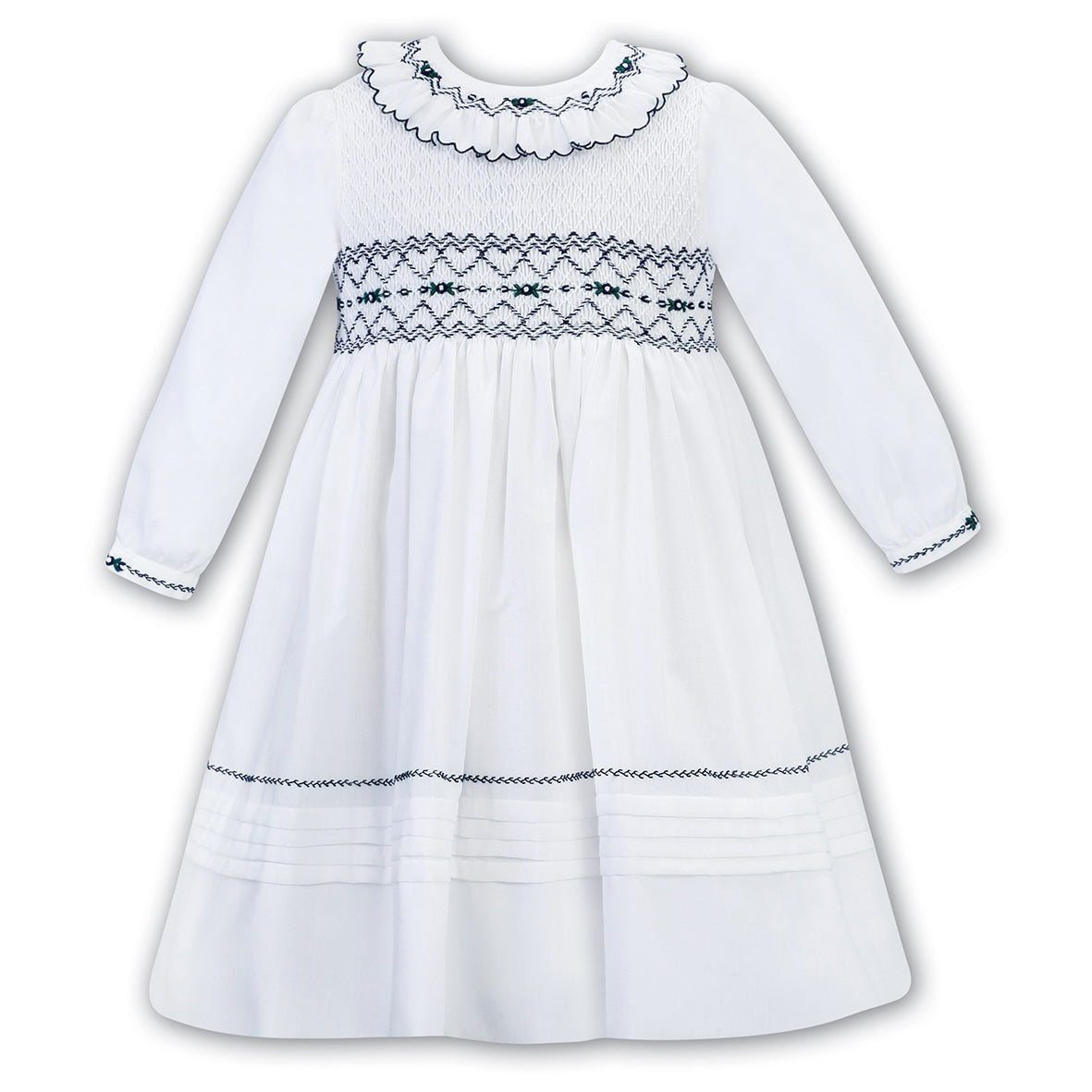 Sarah Louise, Dresses, Sarah Louise - White hand smocked dress with navy embroidery 012758