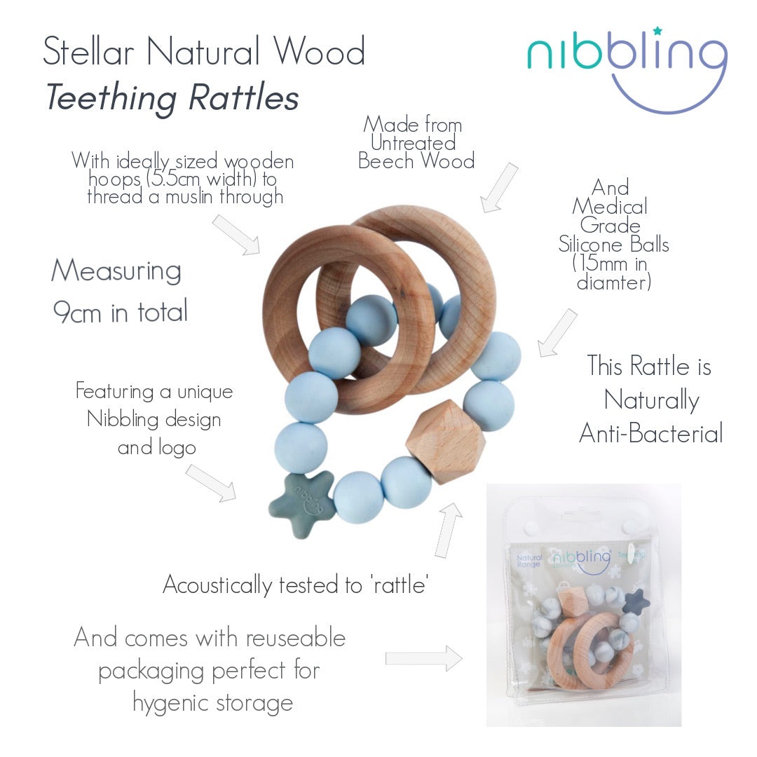 Nibbling, dummy, Nibbling  - Stellar natural wood rattle teething ring, blue