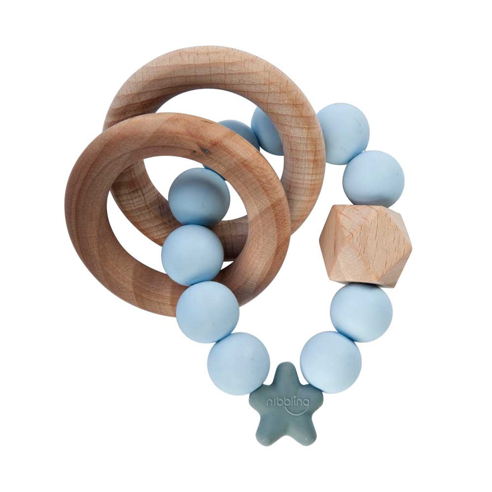 Nibbling, dummy, Nibbling  - Stellar natural wood rattle teething ring, blue