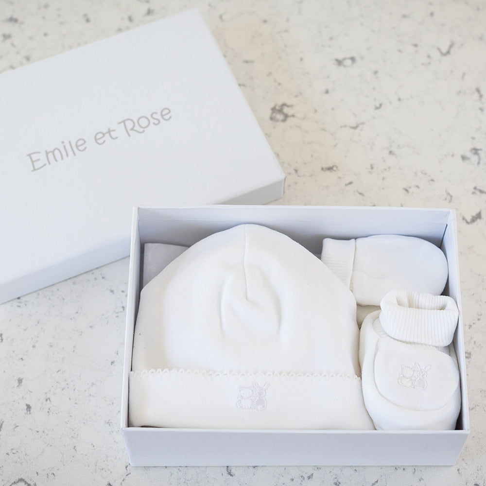 Emile et Rose, Gift box set, Emile et Rose - Baby Hat, Mitt & Bootie Gift Set, Nox WHITE